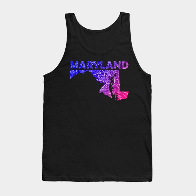 Colorful mandala art map of Maryland with text in blue and violet Tank Top by Happy Citizen